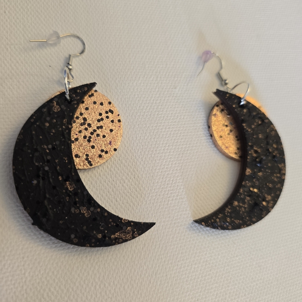 HANDCRAFTED Wood Crecent Moon Earrings HANDPAINTED Dangle Pierced Earrings - Picture 4 of 16